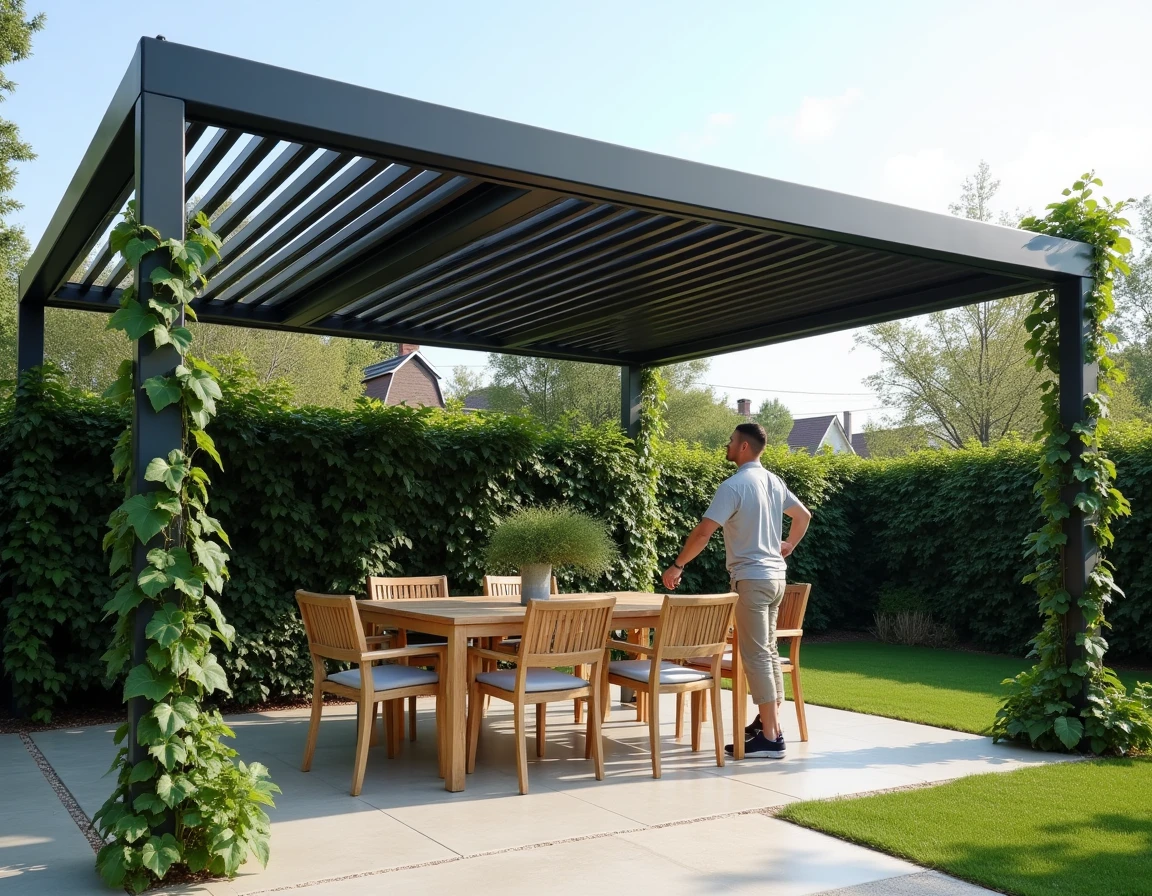 Pergola bioclimatique à lames orientables installée dans un jardin résidentiel avec mobilier en teck dessous