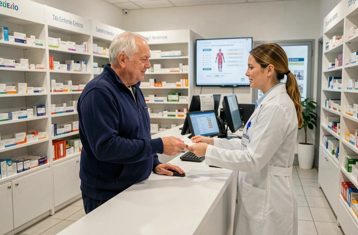 Homme âgé retirant ses médicaments en pharmacie dans le cadre d'une affection longue durée remboursée à 100%