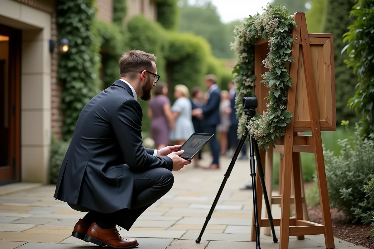 Photographe professionnel installant une tablette sur un photobooth en plein air lors d'un mariage en jardin