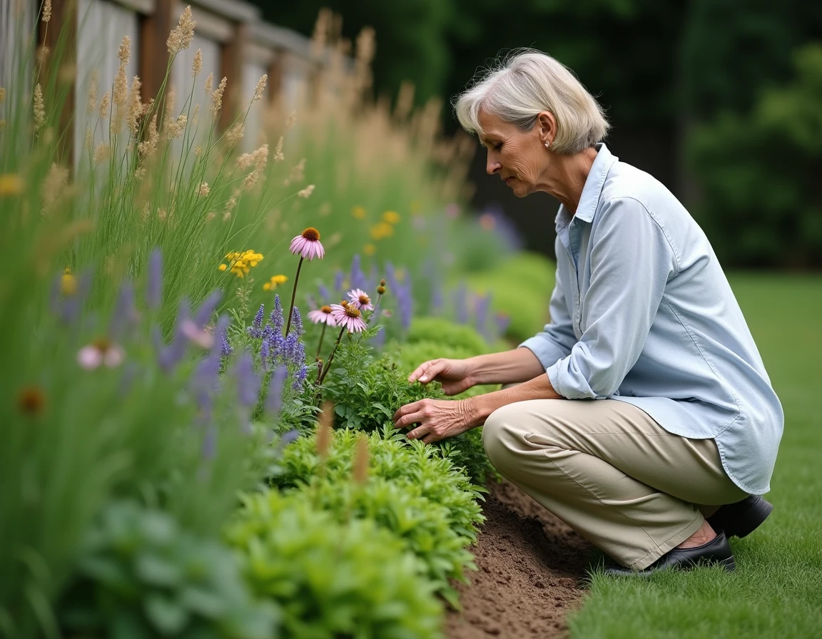 Plantation dense en strates dans un jardin naturaliste avec graminées, vivaces et couvre-sol superposés