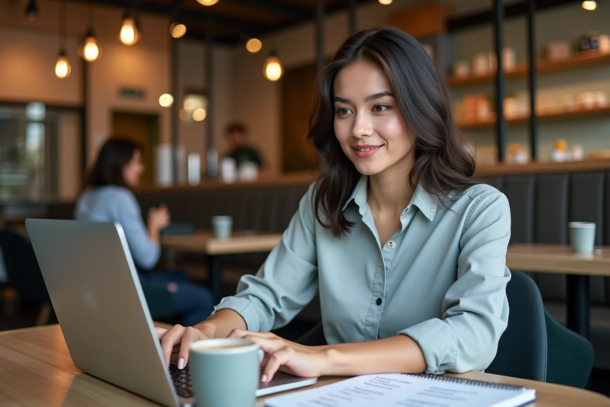 Jeune professionnelle consultant une plateforme spécialisée en emploi pharmaceutique depuis un café avec son ordinateur