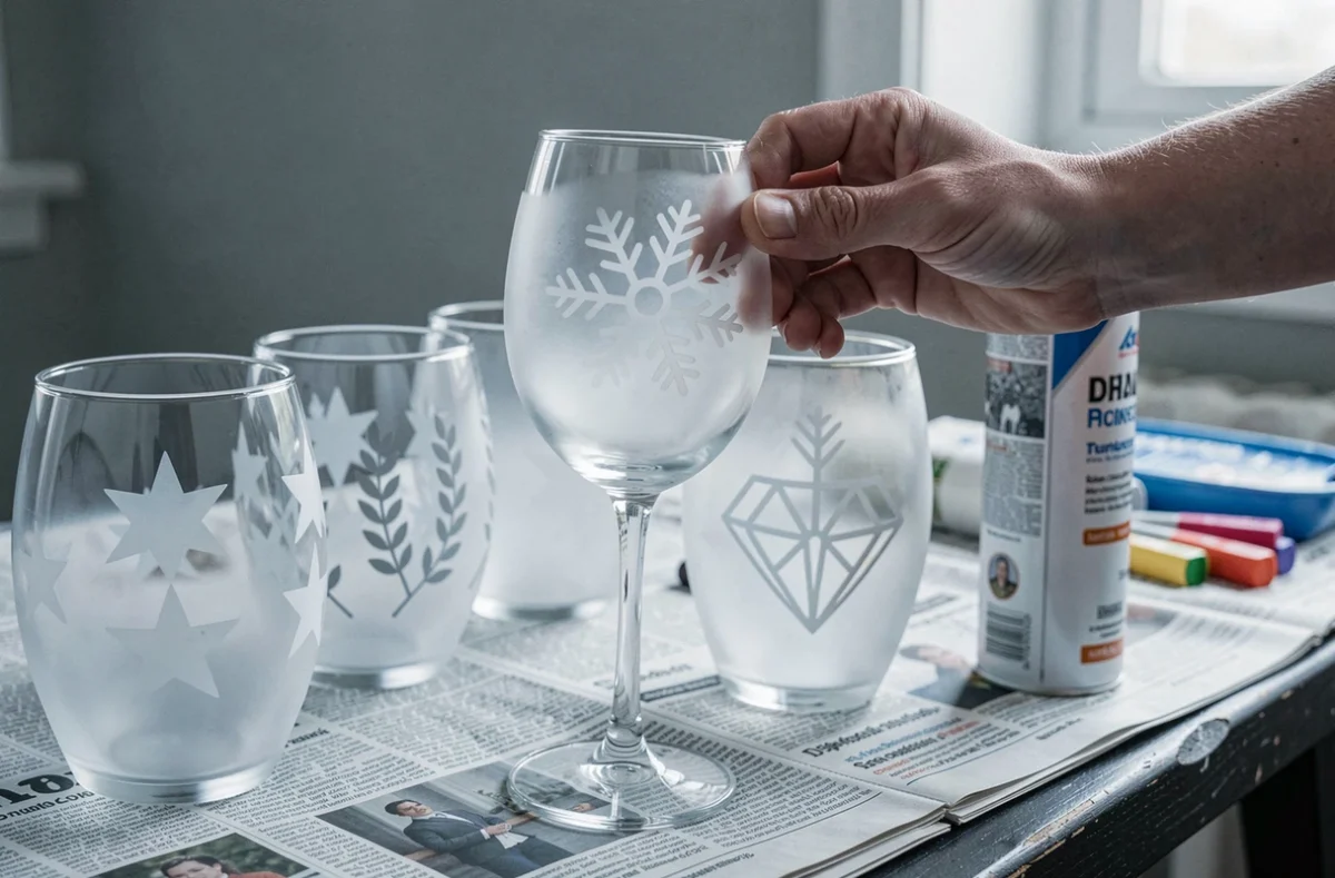 Décoration de verres de mariage avec pochoirs et bombe de givre artificiel créant des motifs givrés flocons et botaniques