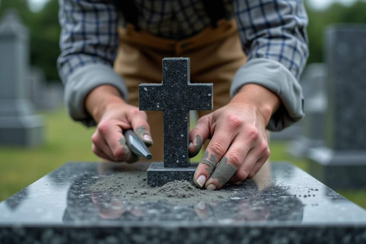 Artisan posant une croix en granit sur une tombe en marbre noir dans un cimetière, gestes précis avec truelle et mortier