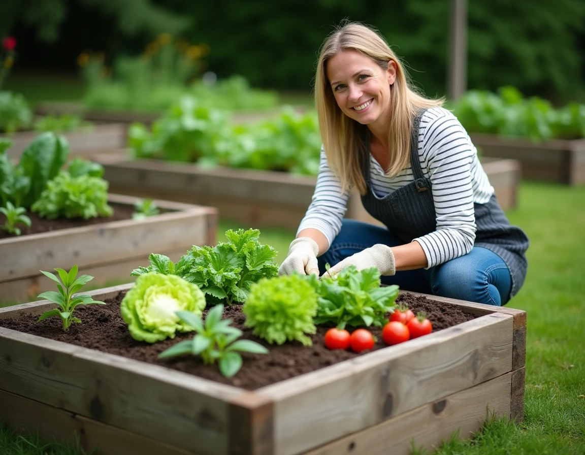 Potager surélevé en bois récupéré avec tomates, laitues et basilic cultivés dans un jardin nourricier