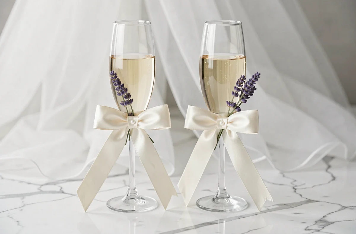 Deux flûtes à champagne avec un ruban de satin ivoire noué sur le pied, ornées de perles et de lavande séchée
