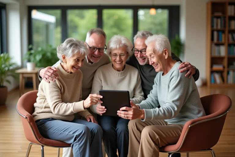 Groupe de seniors souriants autour d'une tablette en communauté