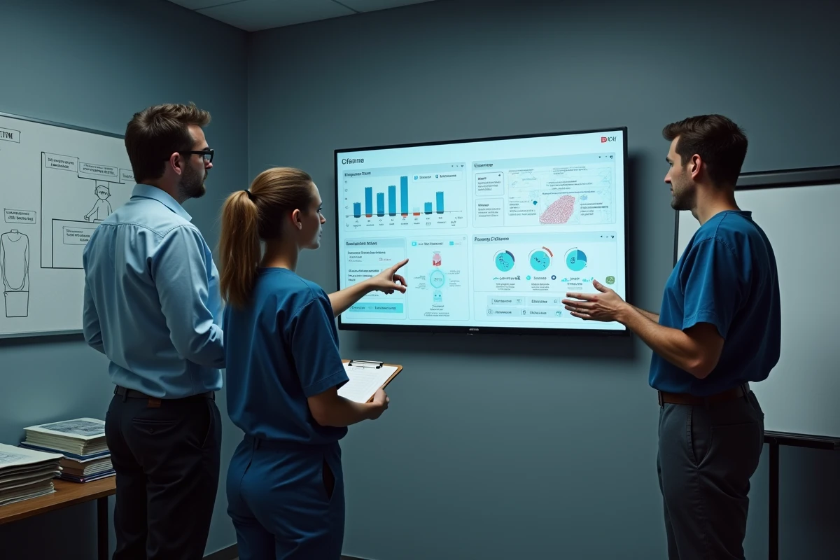 Équipe pharmaceutique en simulation de gestion de crise sanitaire autour d'un tableau de bord numérique en salle de crise