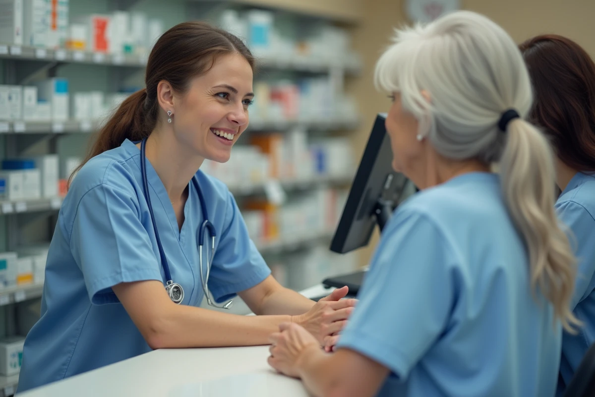 Pharmacienne développant ses soft skills en conseil patient avec une cliente âgée au comptoir d'une officine