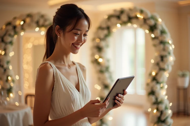 Femme en robe de demoiselle d'honneur tenant une tablette devant un photobooth de mariage avec décoration florale blanche