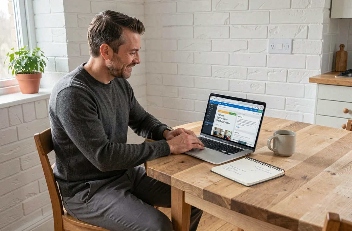 Homme en télétravail évaluant des alternatives logicielles sur un ordinateur portable à domicile